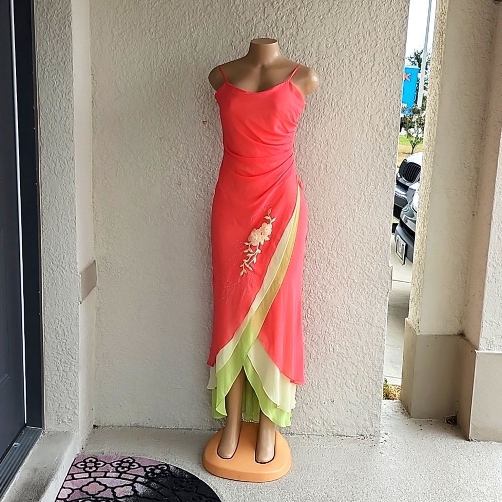 DOLLAR COLORBLOCK THREE LAYERS CHIFFON FLORAL PRINT DESIGN WOMEN'S DRESS